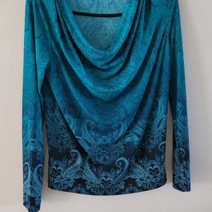 Jones new York teal print long sleeve blouse size petite petite pp